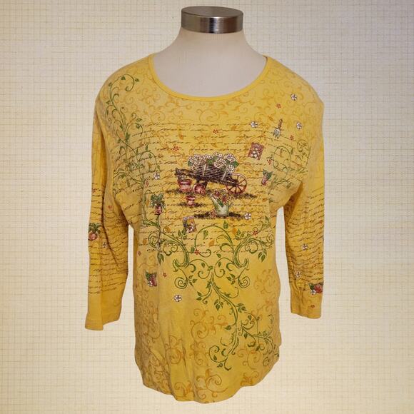 Studio Collection Yellow Garden Embroidered Y2K Cotton Top Large Cottagecore - Picture 1 of 6